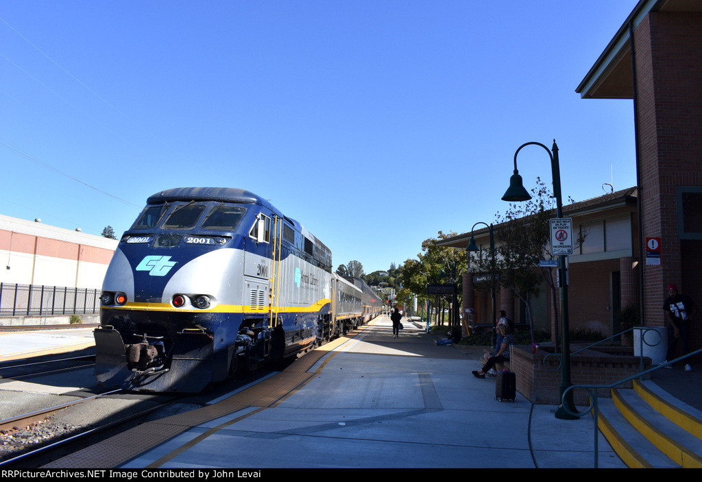 Caltrans owned F59PHI # 2001 pushing Amtrak Train # 714 out of Martinez Depot about 40 minutes late